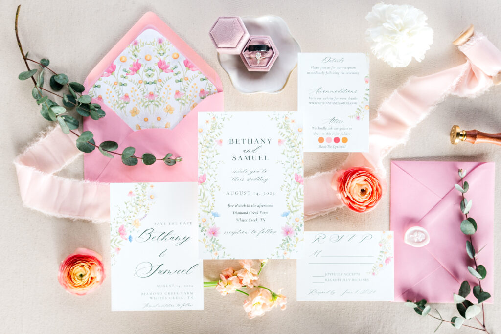 wedding invitation flat lay invitation suite for colorful Lexington wedding